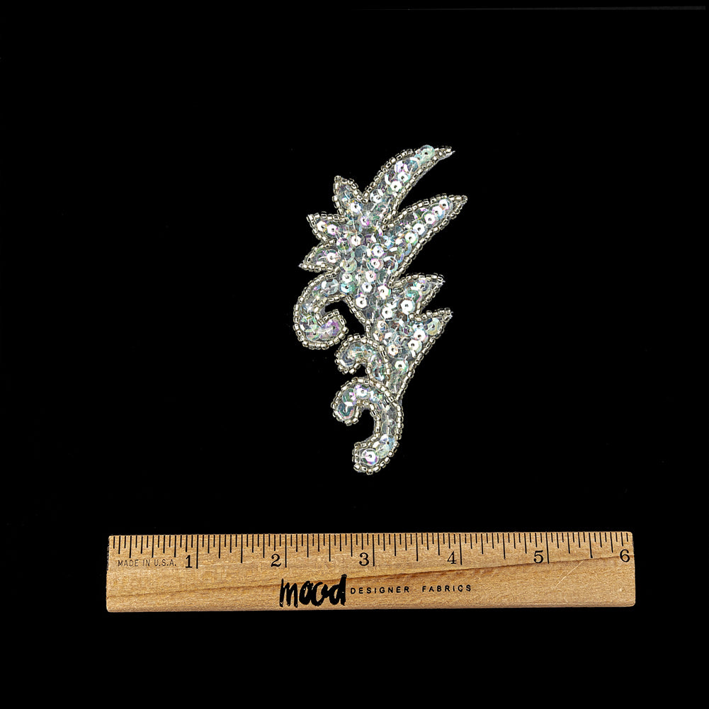 Vintage Crystal Iris Sequins and Silver-lined Seed Beaded Leaf Applique - 3.75" x 1.75" Full