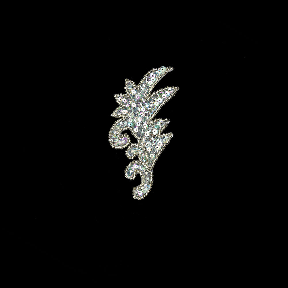 Vintage Crystal Iris Sequins and Silver-lined Seed Beaded Leaf Applique - 3.75" x 1.75"