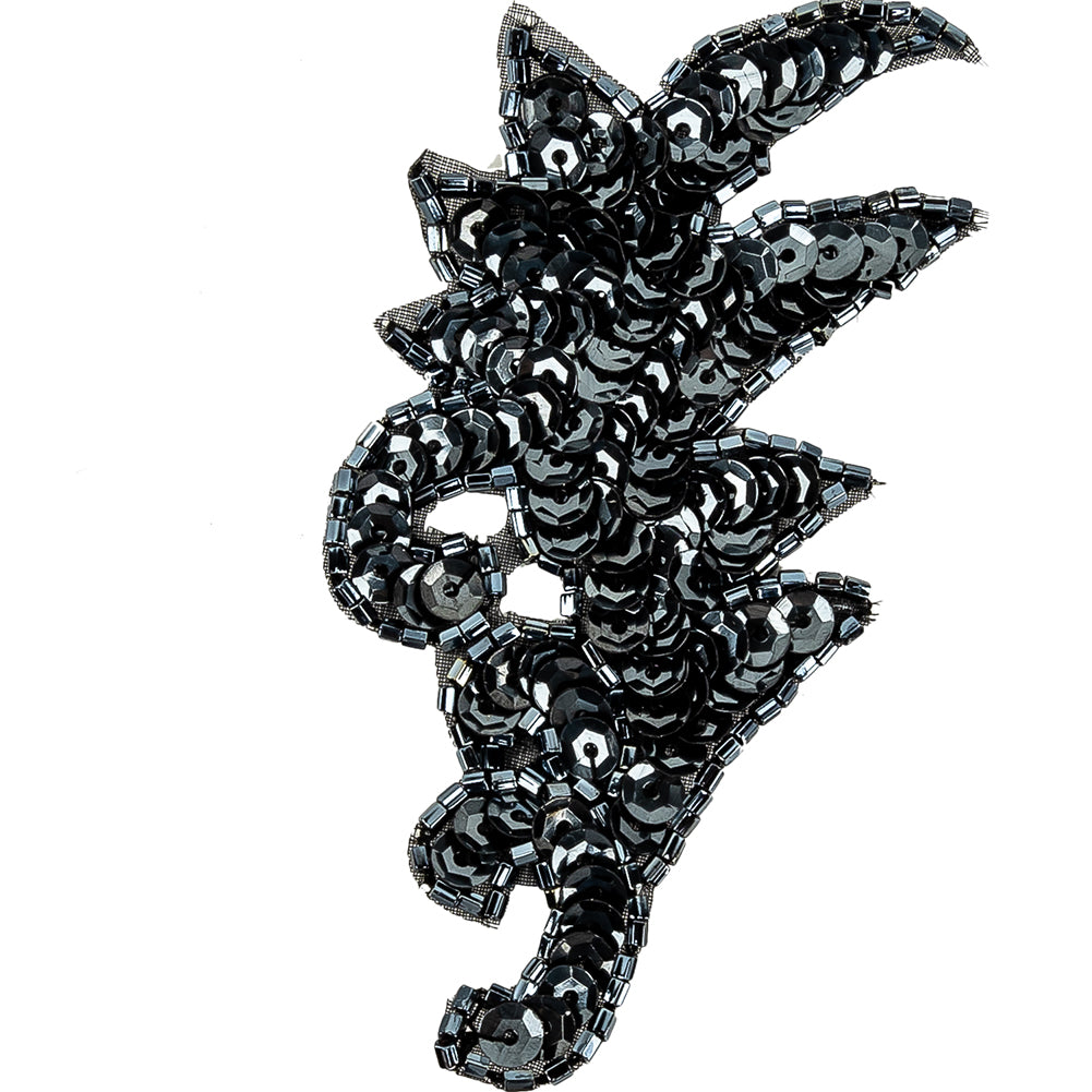 Vintage Gunmetal Sequins and Iridescent Chop Beaded Leaf Applique - 3.75" x 1.75" Detail