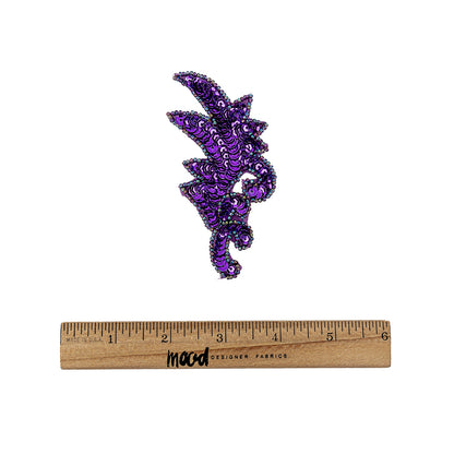 Vintage Purple Iris Sequins and Iridescent Seed Beaded Leaf Applique - 3.75" x 1.75" Full