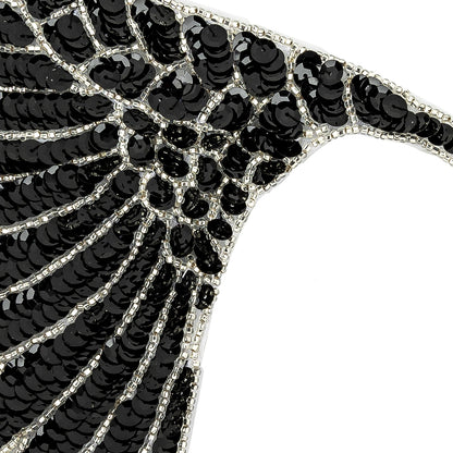 Vintage Fancy Black Sequins and Silver-lined Beaded Fan Applique - 6.25" x 7.5" Detail