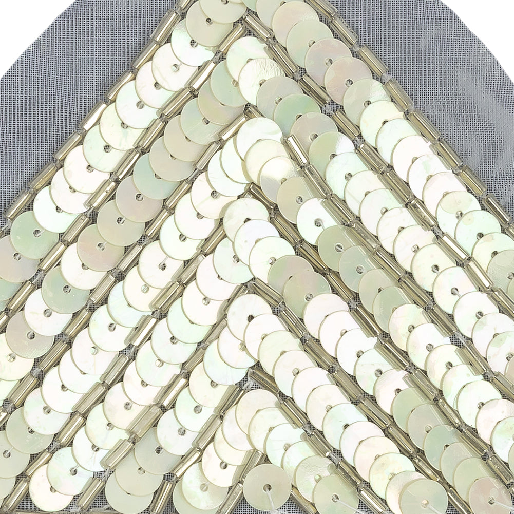 Vintage White Iris and Silver Beaded and Sequined Wide Triangle Applique - 3.25" x 3.375" Detail