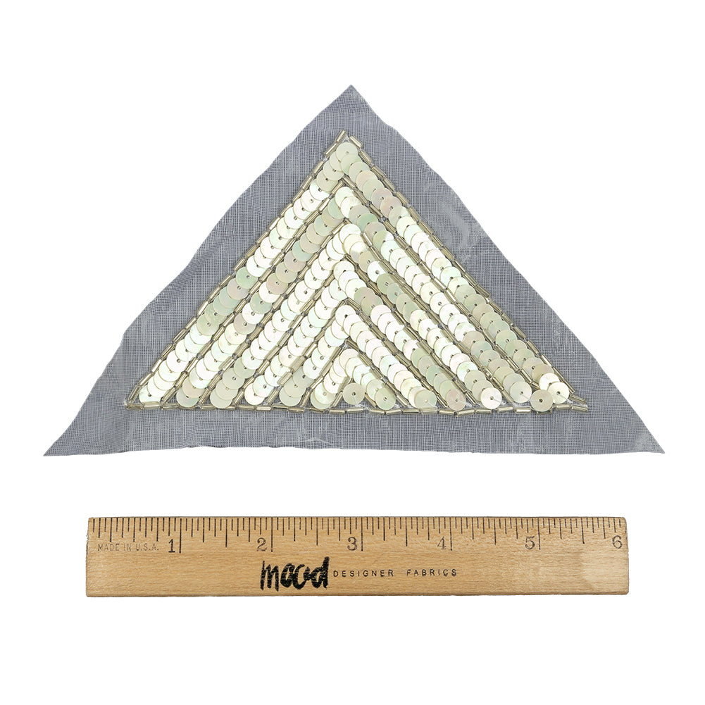 Vintage White Iris and Silver Beaded and Sequined Wide Triangle Applique - 3.25" x 3.375" Full