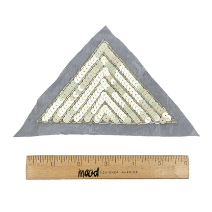 Vintage White Iris and Silver Beaded and Sequined Wide Triangle Applique - 3.25" x 3.375" Full