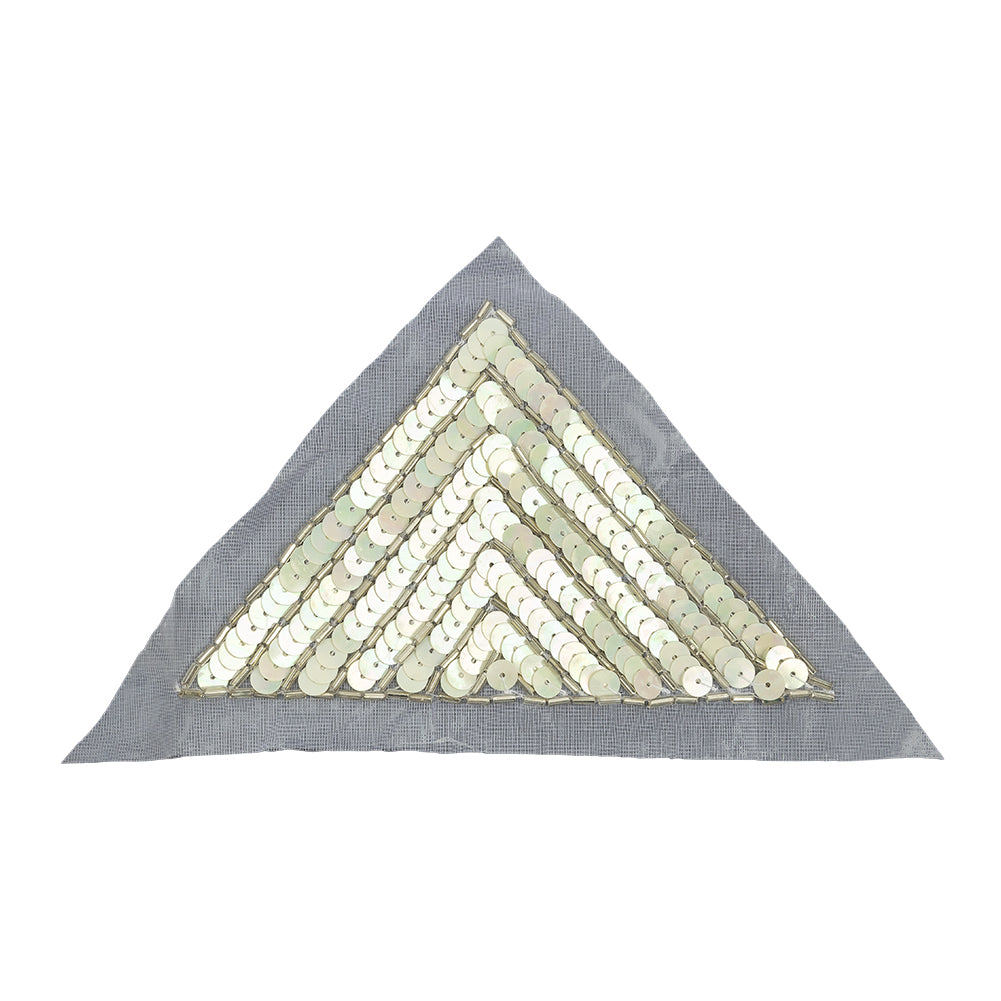 Vintage White Iris and Silver Beaded and Sequined Wide Triangle Applique - 3.25" x 3.375"