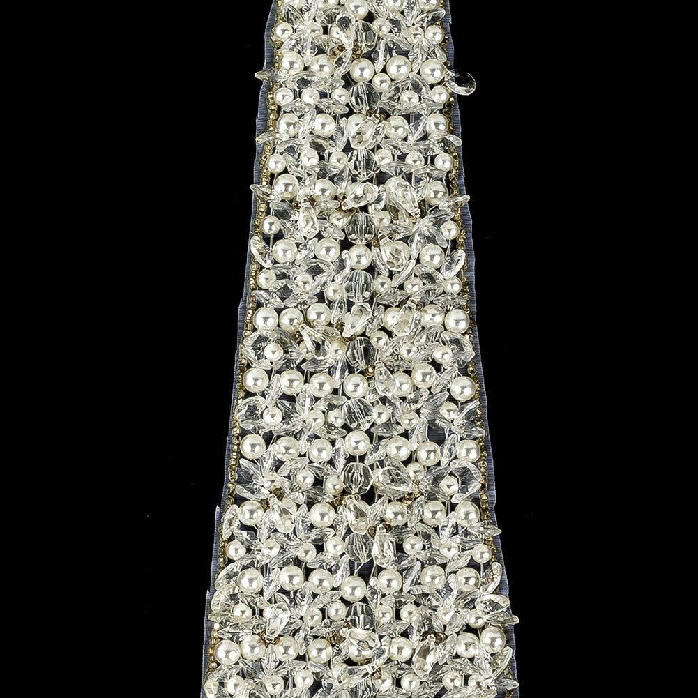Vintage Fancy Teardrop Crystal, Pearl and Silver-Lined Beaded Tie Applique - 14.5" X 3.5" Detail