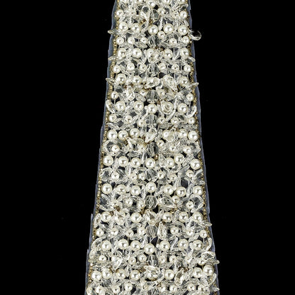 Vintage Fancy Teardrop Crystal, Pearl and Silver-Lined Beaded Tie Applique - 14.5" X 3.5" Detail