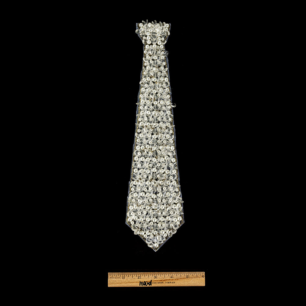 Vintage Fancy Teardrop Crystal, Pearl and Silver-Lined Beaded Tie Applique - 14.5" X 3.5" Full