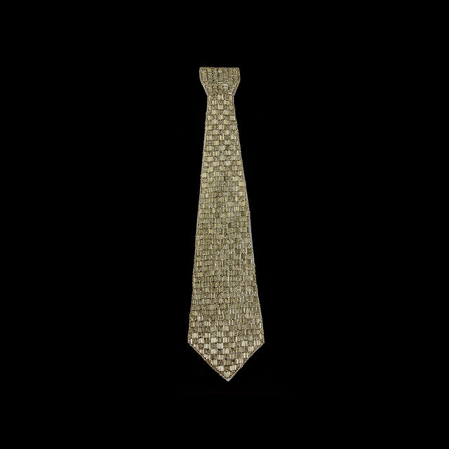 Vintage Fancy Silver-lined Bugle and Seed Beaded Tie Applique - 15" x 3.5"
