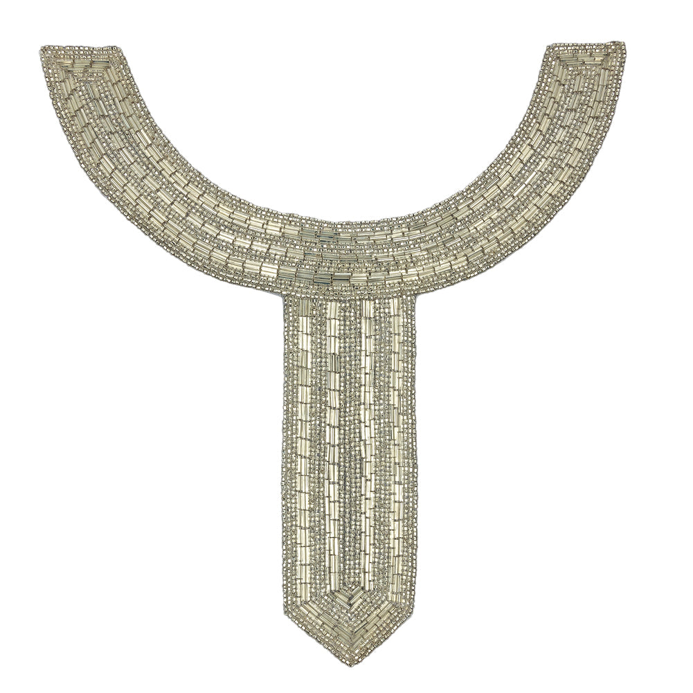 Vintage Fancy Silver-Lined Bugle and Seed Beaded Collar Applique - 9.5" x 9"