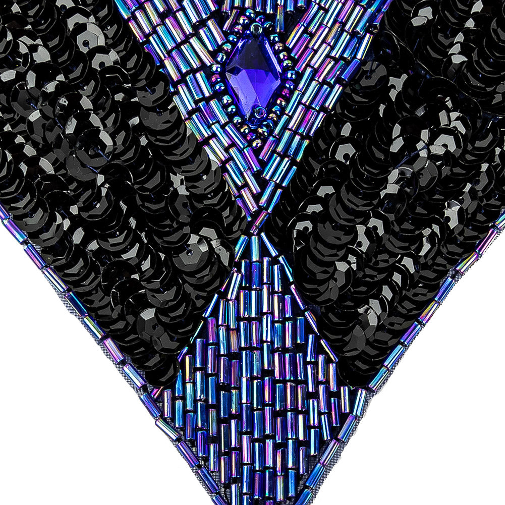 Vintage Black Sequins and Blue Iris Beaded Applique with Diamond-shaped Crystal Center - 4.375" x 5.5" Detail