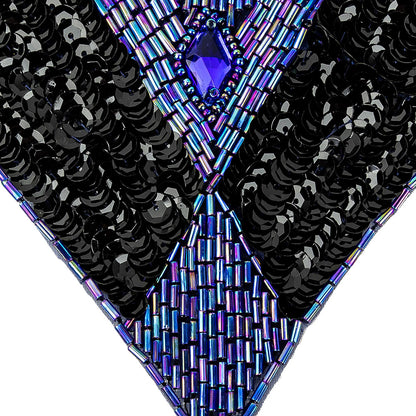 Vintage Black Sequins and Blue Iris Beaded Applique with Diamond-shaped Crystal Center - 4.375" x 5.5" Detail