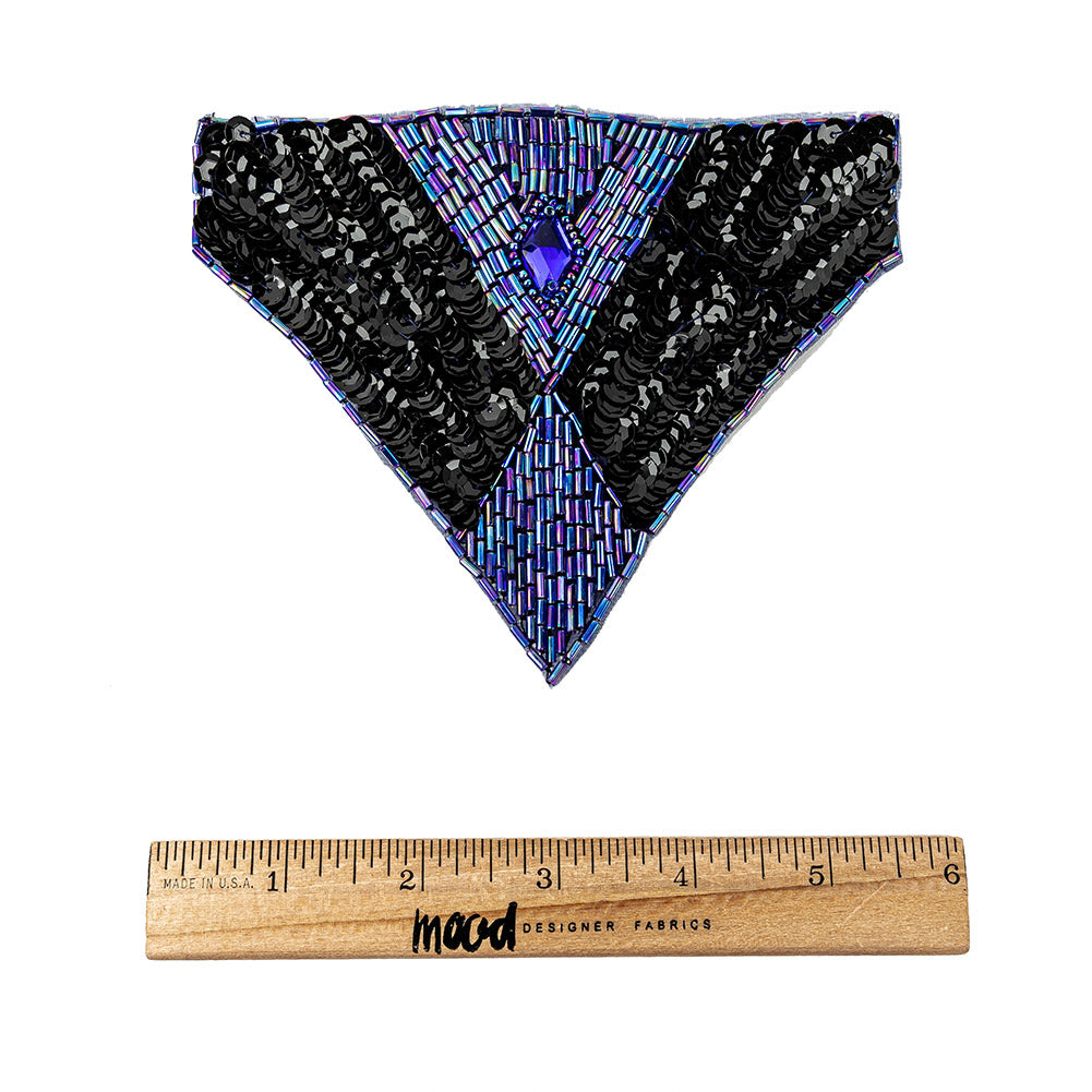 Vintage Black Sequins and Blue Iris Beaded Applique with Diamond-shaped Crystal Center - 4.375" x 5.5" Full