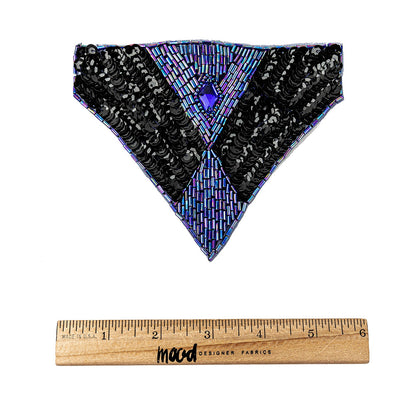 Vintage Black Sequins and Blue Iris Beaded Applique with Diamond-shaped Crystal Center - 4.375" x 5.5" Full