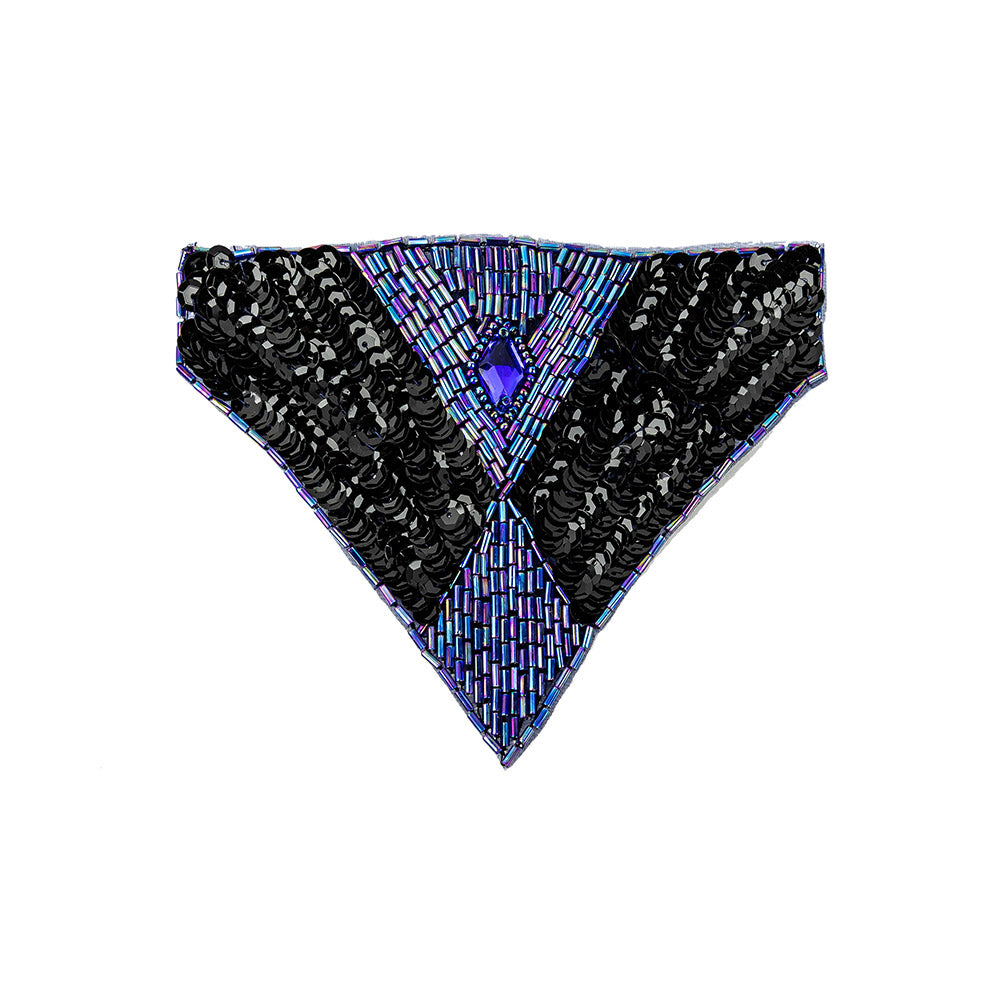 Vintage Black Sequins and Blue Iris Beaded Applique with Diamond-shaped Crystal Center - 4.375" x 5.5"