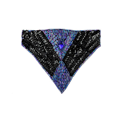 Vintage Black Sequins and Blue Iris Beaded Applique with Diamond-shaped Crystal Center - 4.375" x 5.5"