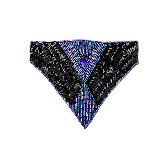 Vintage Black Sequins and Blue Iris Beaded Applique with Diamond-shaped Crystal Center - 4.375" x 5.5"