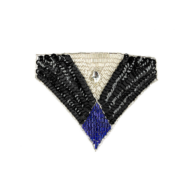 Vintage Black Sequins and Silver and Blue Beaded Applique with Diamond-shaped Crystal Center - 4.375" x 5.5"