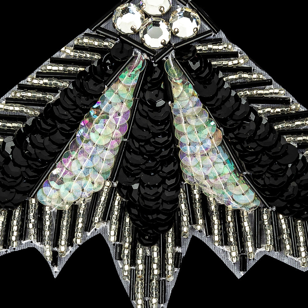 Vintage Crystal Iris and Black Sequins with Crystal Rhinestones Silver and Black Beaded Abstract Fan Applique - 4.25" x 7" Detail