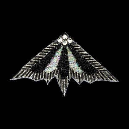 Vintage Crystal Iris and Black Sequins with Crystal Rhinestones Silver and Black Beaded Abstract Fan Applique - 4.25" x 7"