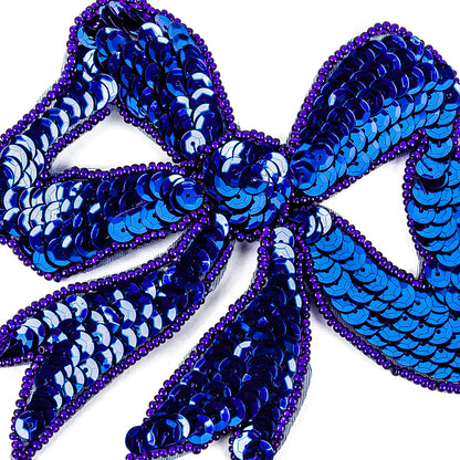Vintage Royal Blue Sequins Bow Applique with Beaded Outline - 4.375" x 4.5" Detail