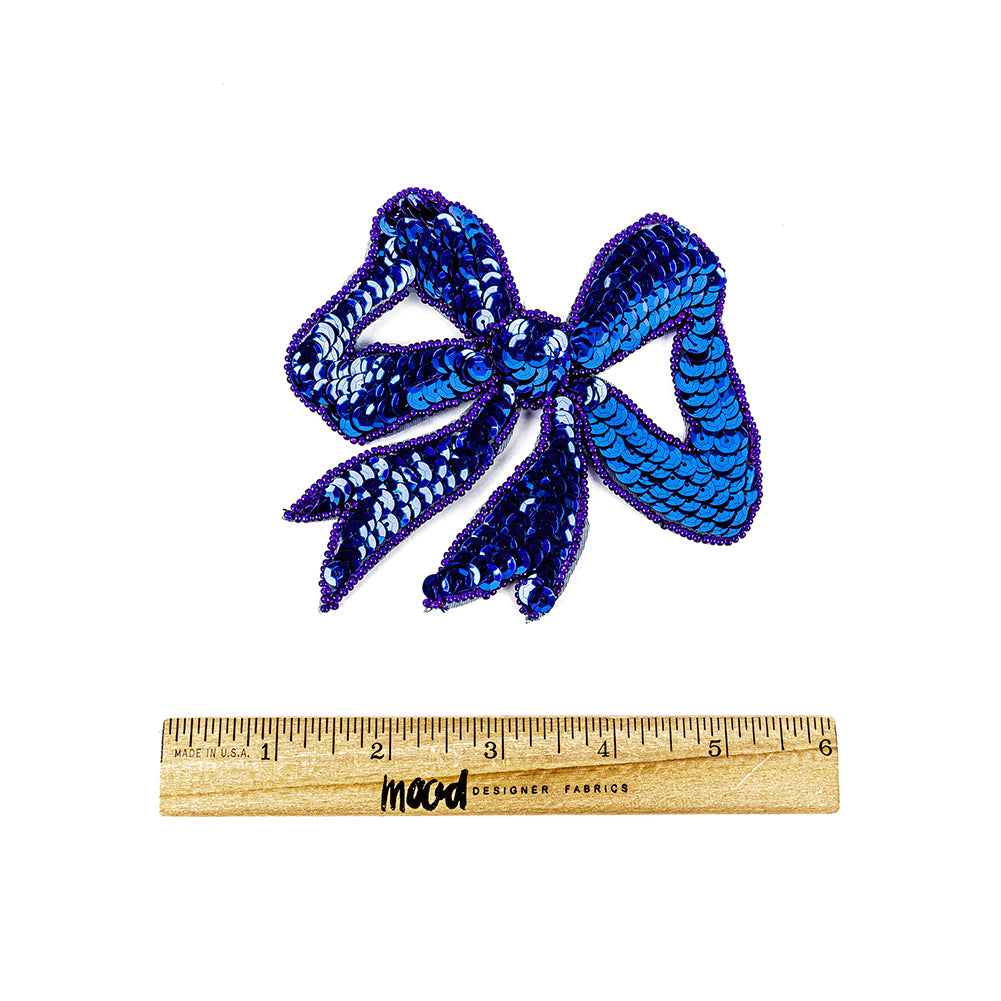 Vintage Royal Blue Sequins Bow Applique with Beaded Outline - 4.375" x 4.5" Full