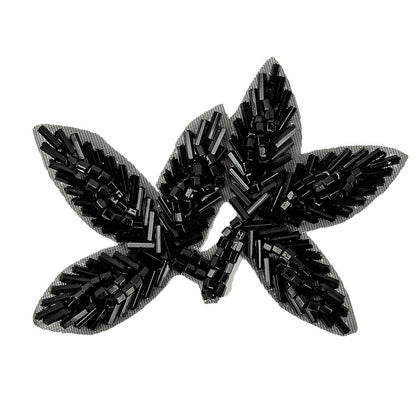 Vintage Black Bugle and Seed Beaded Foliage Applique - 2.25" x 3.25" Detail