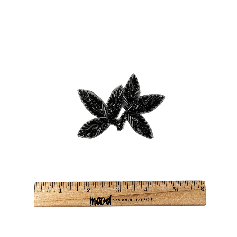 Vintage Black Bugle and Seed Beaded Foliage Applique - 2.25" x 3.25" Full
