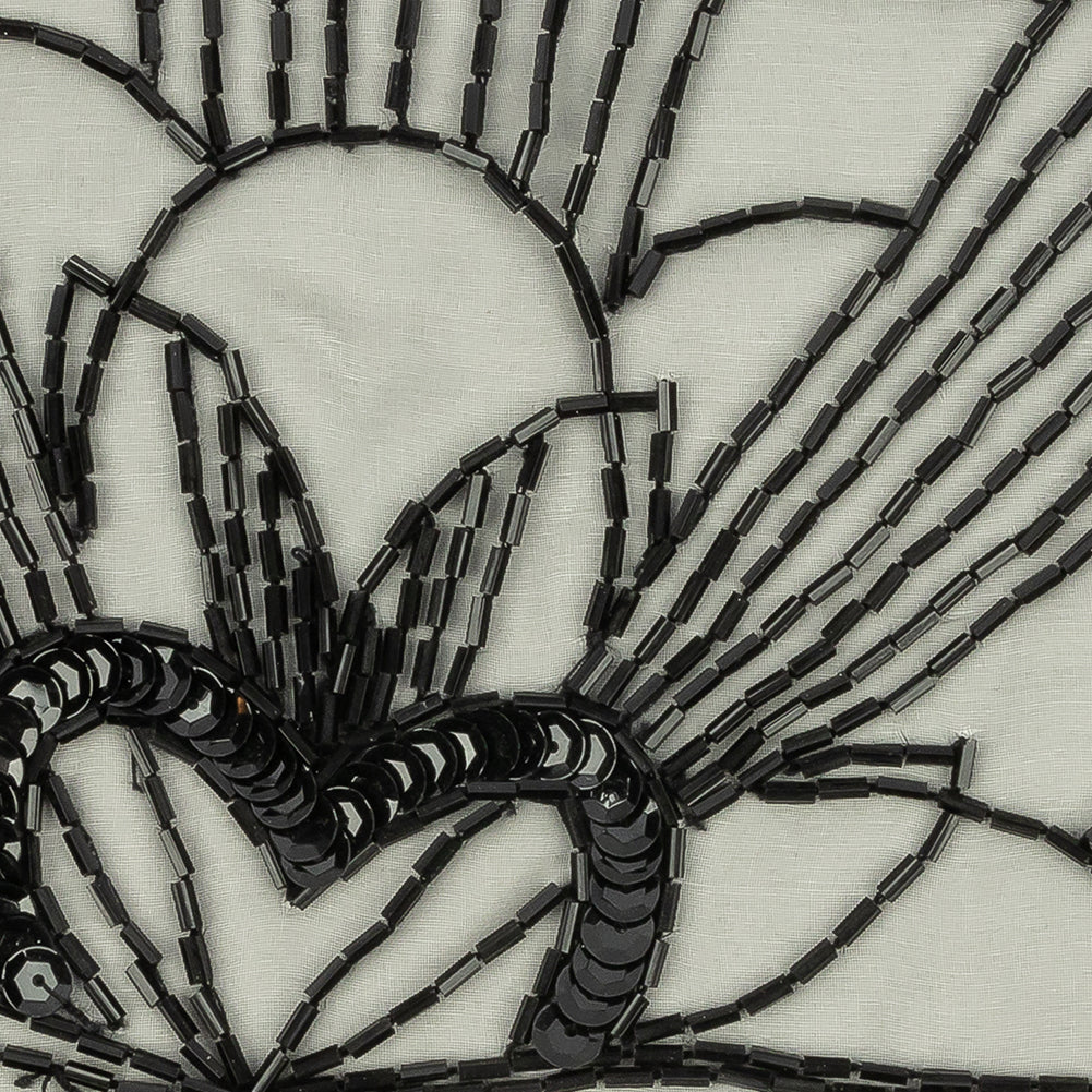 Vintage Black Floral Lines Left Glass Beaded Sheer Panel Applique - 7.5" x 6.75" Detail