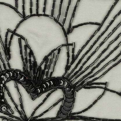 Vintage Black Floral Lines Left Glass Beaded Sheer Panel Applique - 7.5" x 6.75" Detail