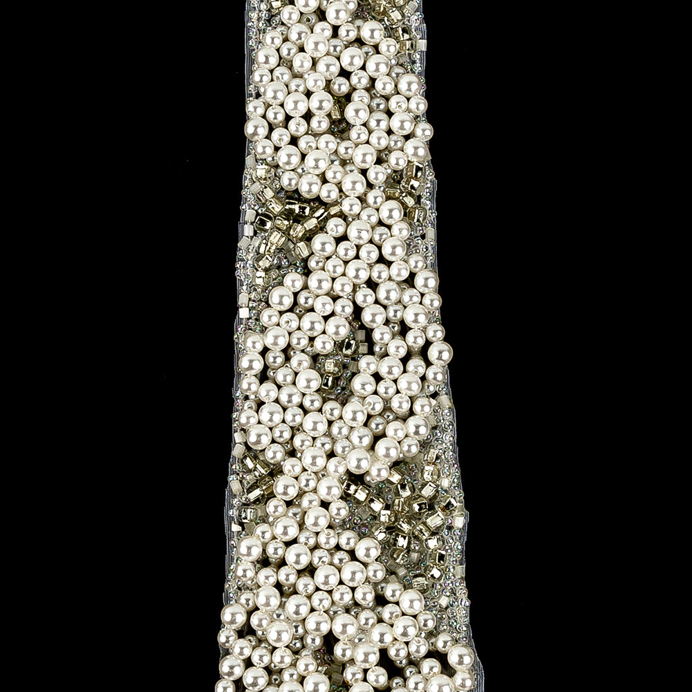 Vintage Fancy Pearl, Silver-lined and White Iris Beaded Tie Applique - 10.375" x 2" Detail
