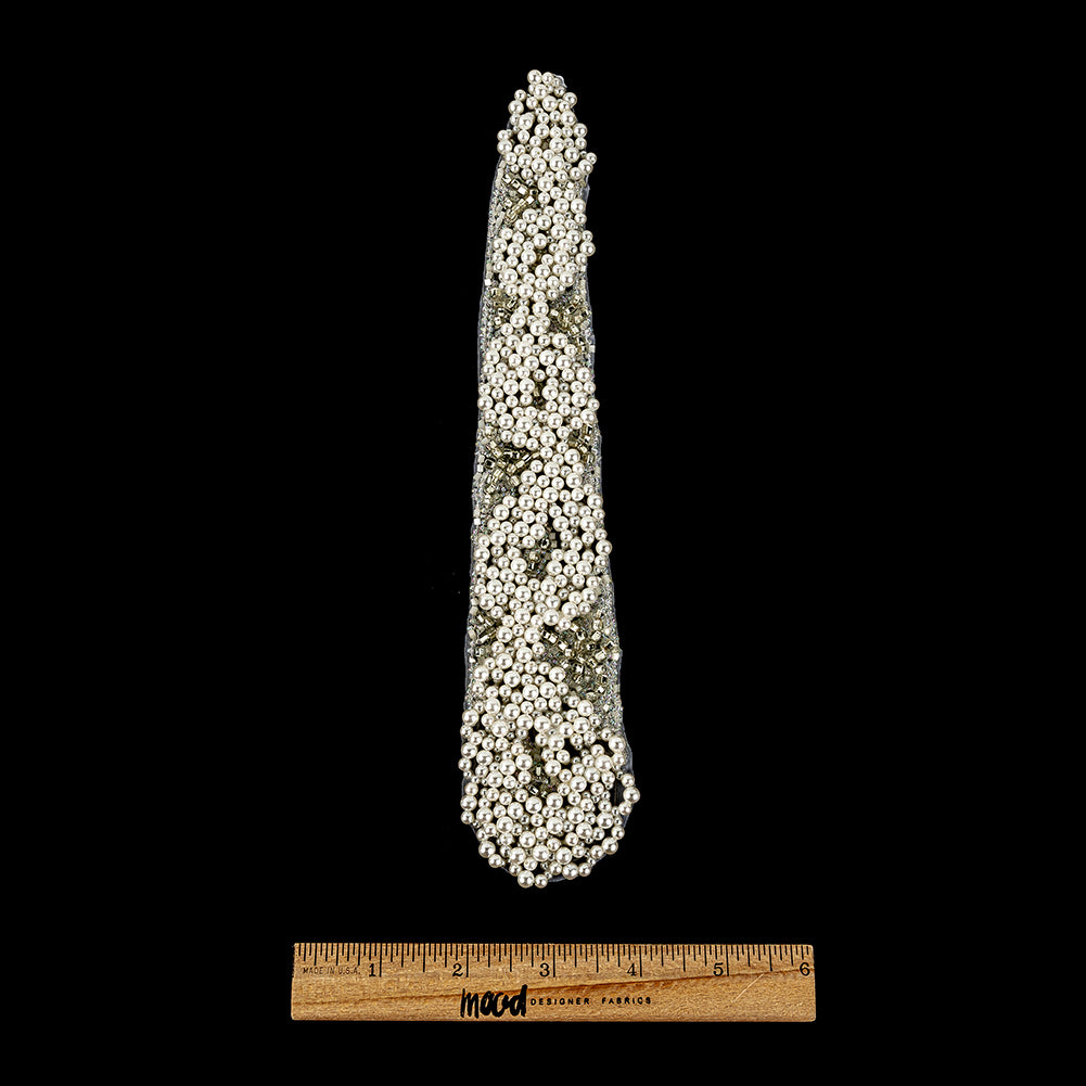 Vintage Fancy Pearl, Silver-lined and White Iris Beaded Tie Applique - 10.375" x 2" Full