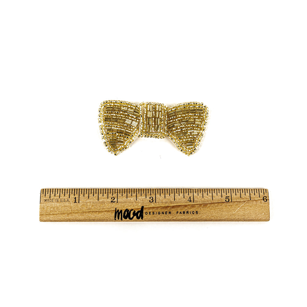 Vintage Gold-lined Bugle and Seed Beaded Bow Tie Applique - 1.5" x 3" Full