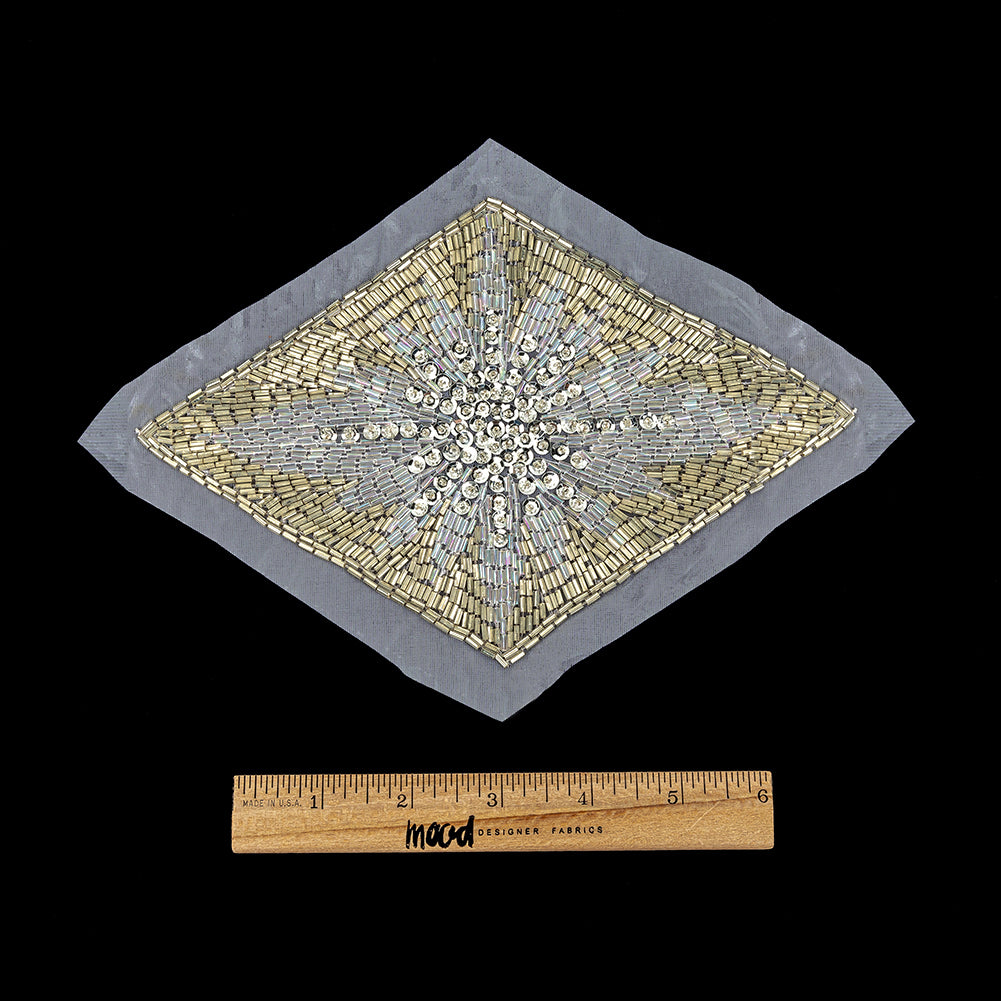Vintage Silver Sequins, Crystal Iris and Silver-lined Beaded Diamond Applique - 8.25" x 5.5" Full