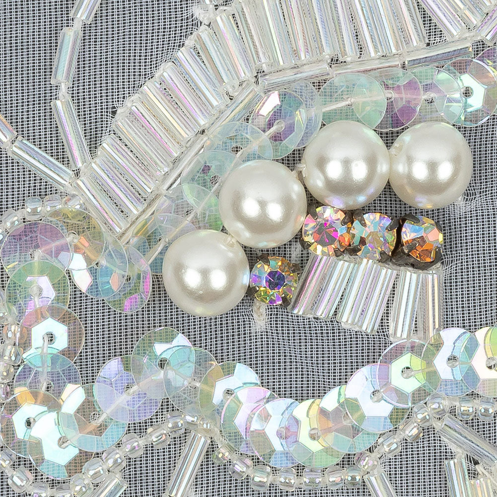 Vintage White and Crystal Iris Beaded and Sequins Abstract Sheer Panel Applique - 11.75" x 17.5" Detail