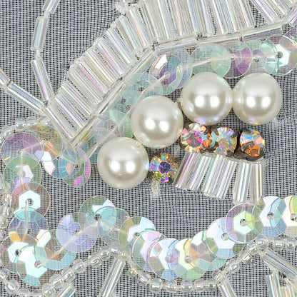 Vintage White and Crystal Iris Beaded and Sequins Abstract Sheer Panel Applique - 11.75" x 17.5" Detail