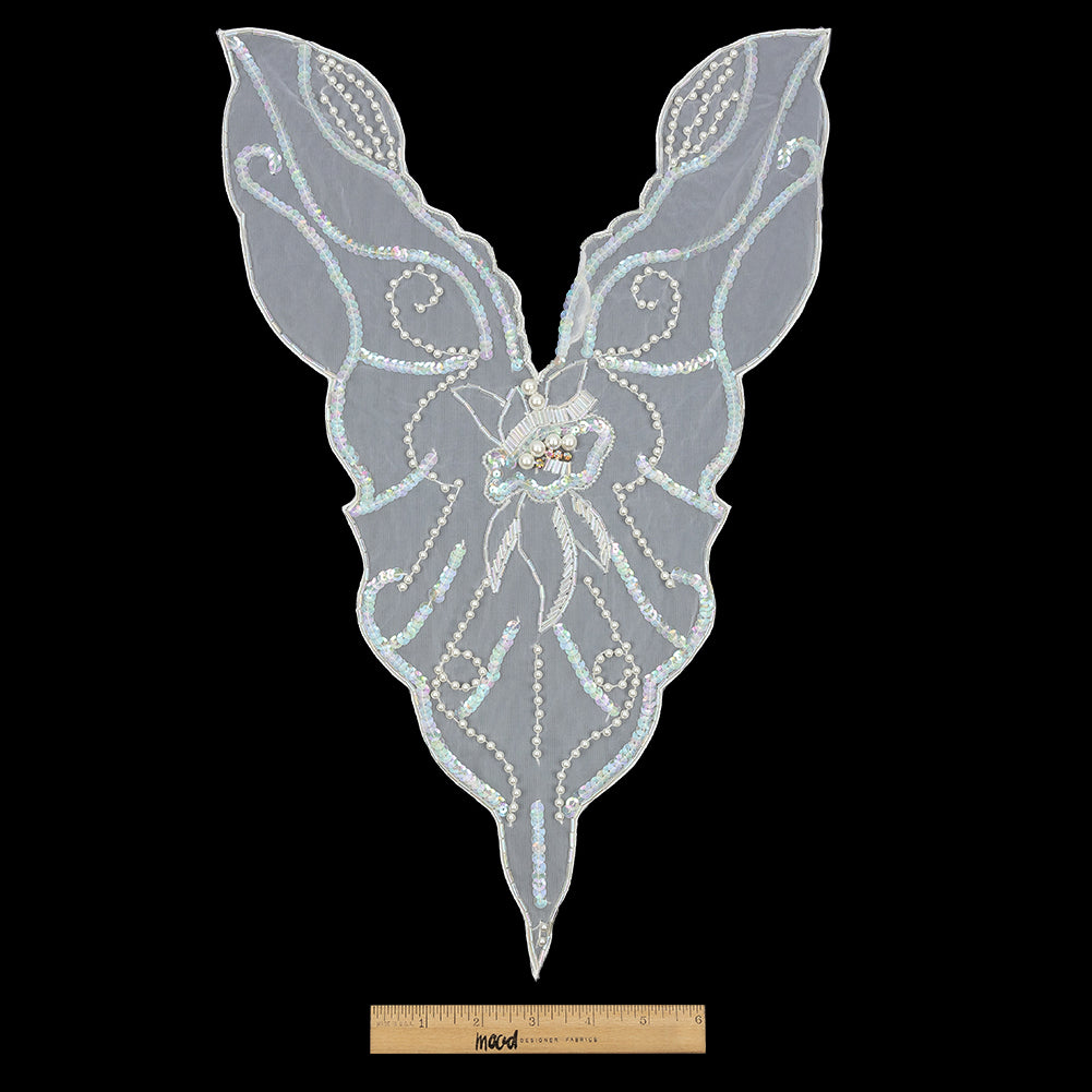 Vintage White and Crystal Iris Beaded and Sequins Abstract Sheer Panel Applique - 11.75" x 17.5" Full