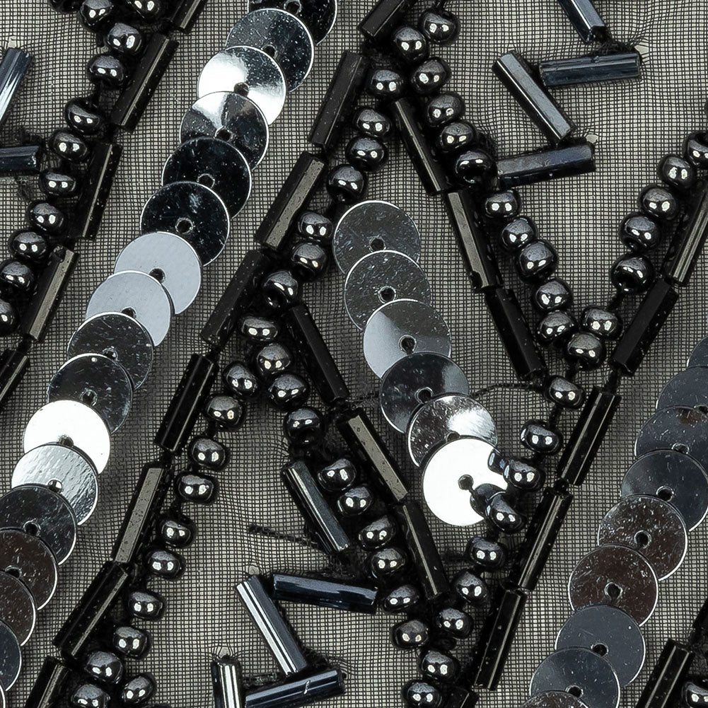Vintage Black and Gunmetal Sequins and Zig-Zag Bugle Beaded Sheer Panel Applique - 13.5" x 9.375" Detail