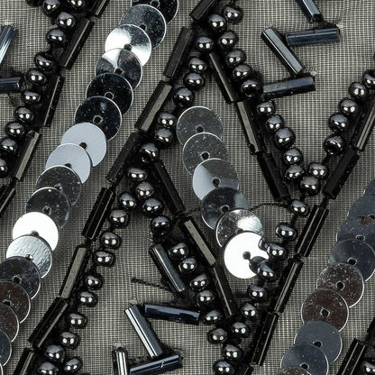 Vintage Black and Gunmetal Sequins and Zig-Zag Bugle Beaded Sheer Panel Applique - 13.5" x 9.375" Detail
