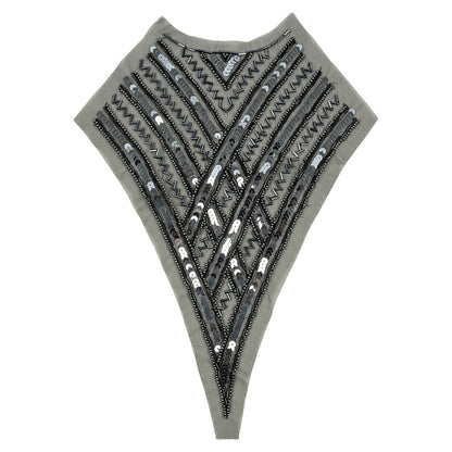 Vintage Black and Gunmetal Sequins and Zig-Zag Bugle Beaded Sheer Panel Applique - 13.5" x 9.375"