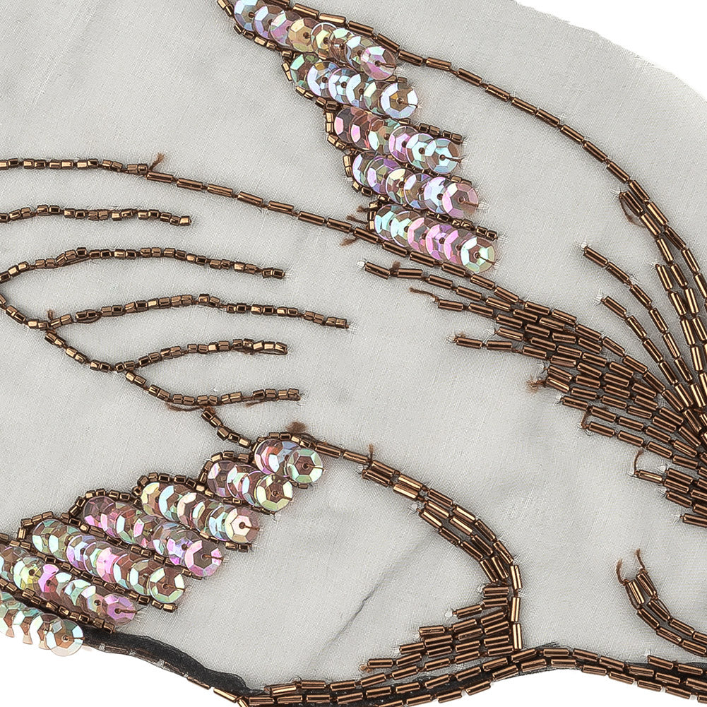 Vintage Bronze Beaded and Sequins Bird in Flight Sheer Applique - 5" x 9.25" Detail