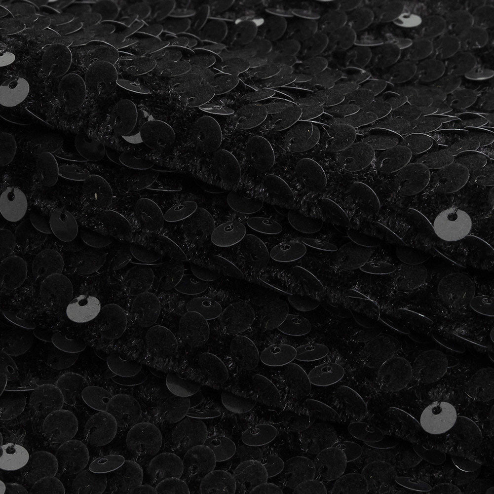 Black Stretch Velour with Small Circular Paillette Sequins Folded