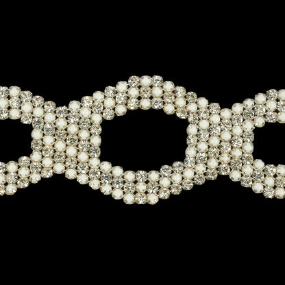 Vintage Czech Crystal Rhinestone and White Faux Pearl Ovals Belt Applique - 2.25" x 10.25" Detail