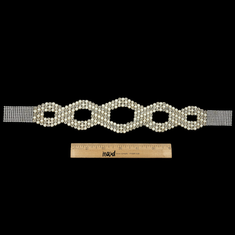Vintage Czech Crystal Rhinestone and White Faux Pearl Ovals Belt Applique - 2.25" x 10.25" Full