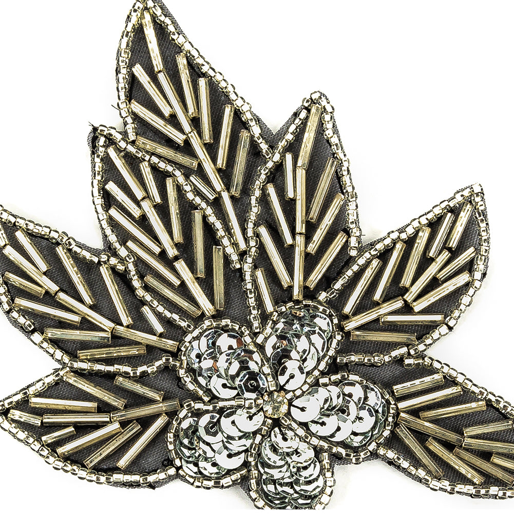 Vintage Silver Sequins and Silver-lined Bugle Beaded Floral Applique with Rhinestone Center - 4" x 4.375" Detail