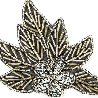 Vintage Silver Sequins and Silver-lined Bugle Beaded Floral Applique with Rhinestone Center - 4" x 4.375" Detail