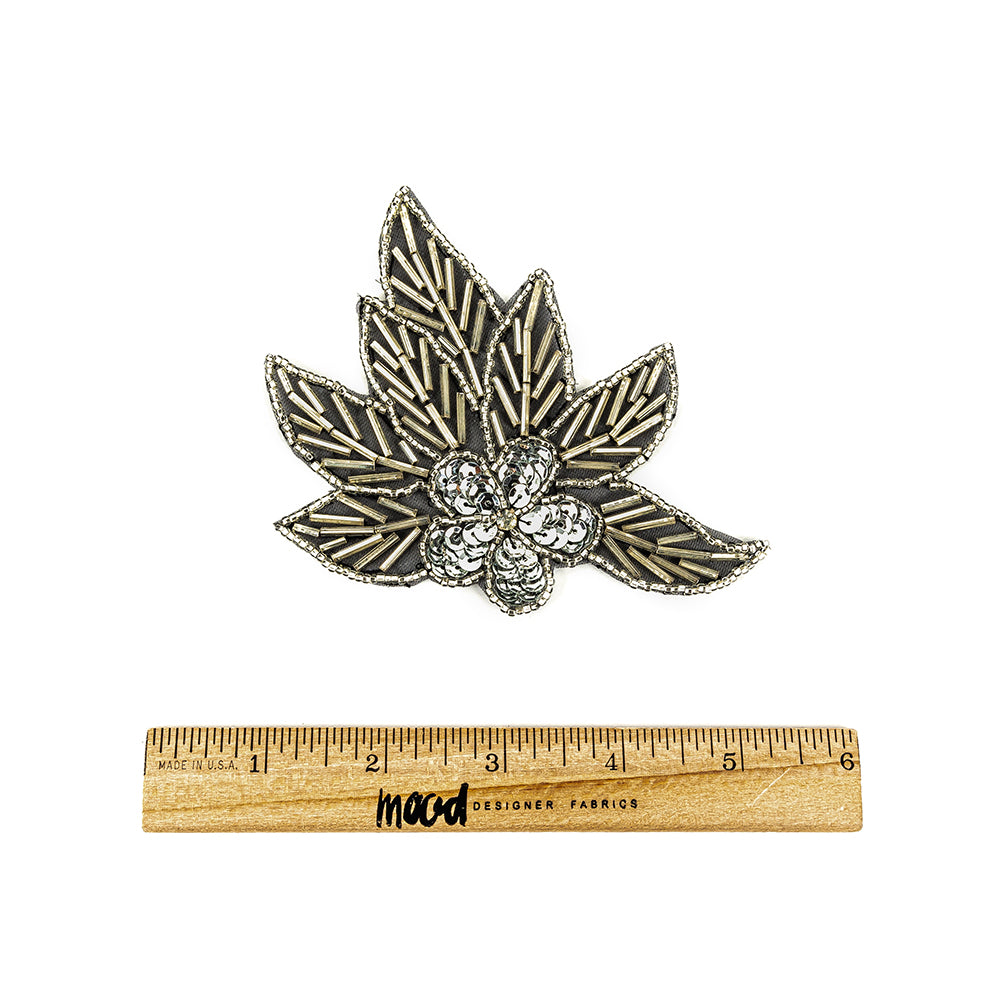 Vintage Silver Sequins and Silver-lined Bugle Beaded Floral Applique with Rhinestone Center - 4" x 4.375" Full