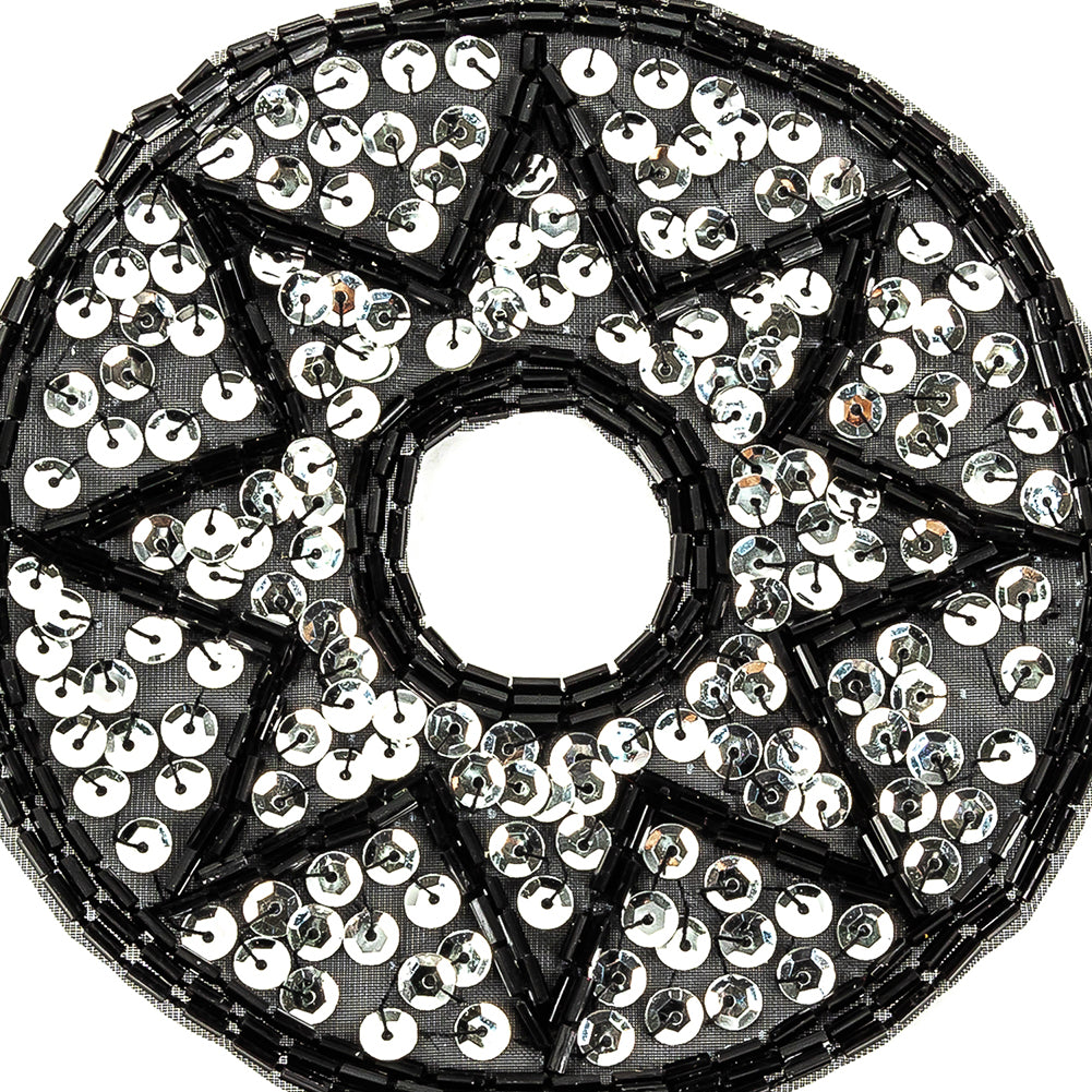Vintage Black Bugle Beads and Silver Sequins Circular Star Applique - 4.375" x 4.375" Detail