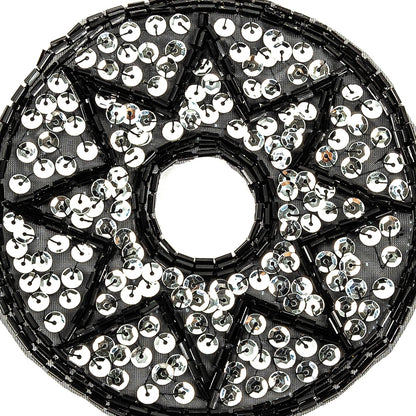 Vintage Black Bugle Beads and Silver Sequins Circular Star Applique - 4.375" x 4.375" Detail