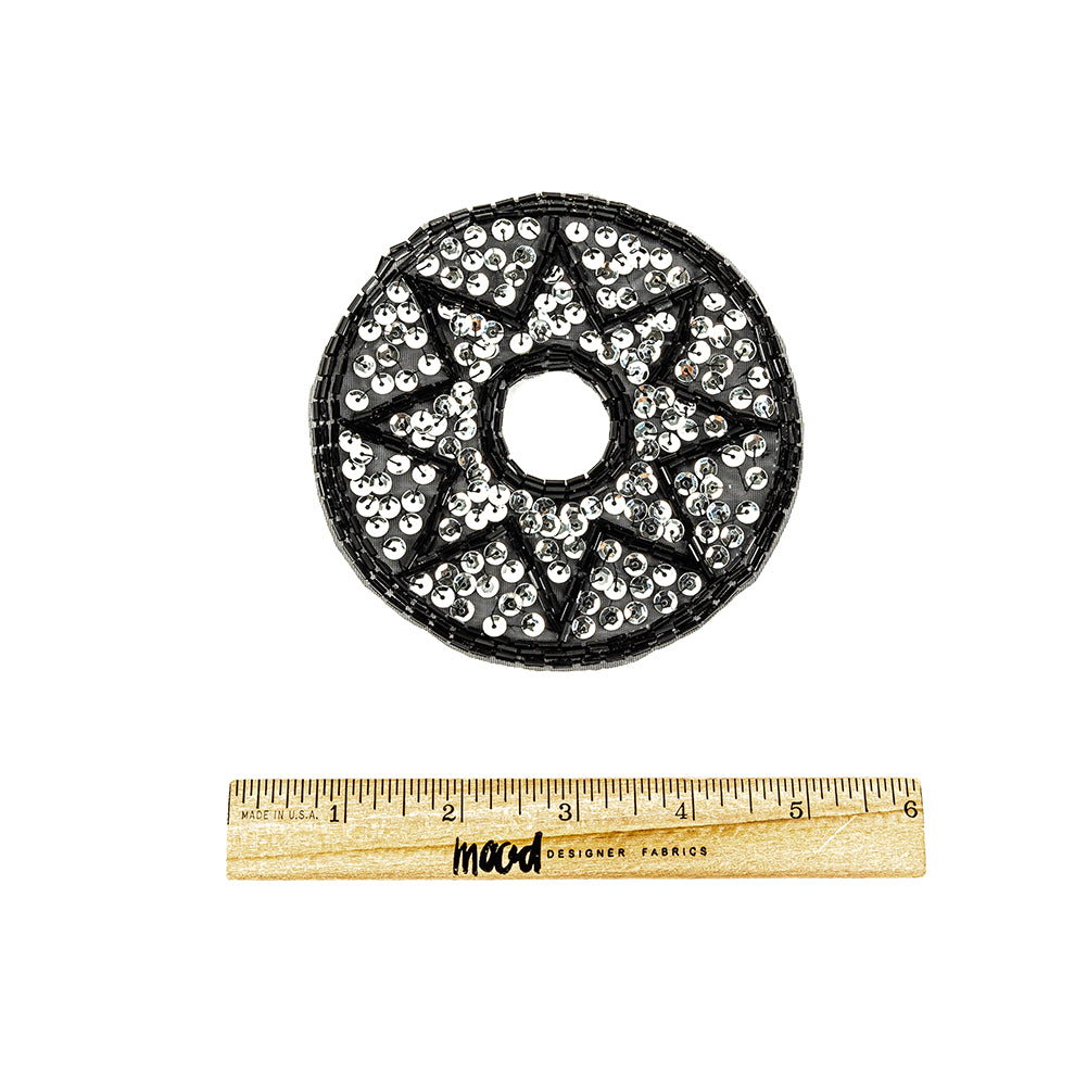 Vintage Black Bugle Beads and Silver Sequins Circular Star Applique - 4.375" x 4.375" Full